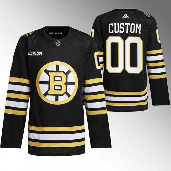 Men's Boston Bruins Custom Black With Rapid7 Patch 100th Anniversary Stitched Jersey-0